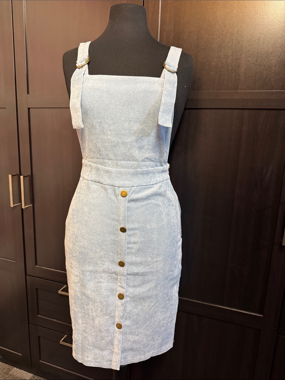 Light Blue corduroy Overall Skirt with Front Button Detail